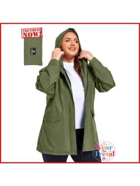 Plus Size Packable Waterproof Rain Jacket Mesh Lined Hooded Outdoor